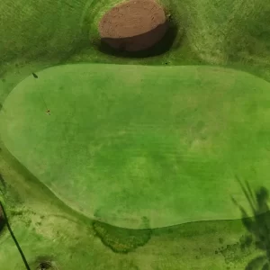 Aerial view of a lush lombok golf course surrounded by palm trees under a clear blue sky.